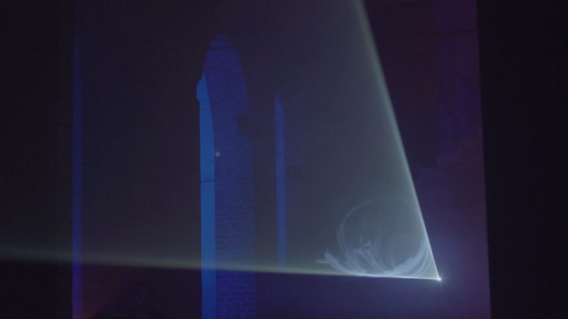 Projection of blue light beams in concrete space